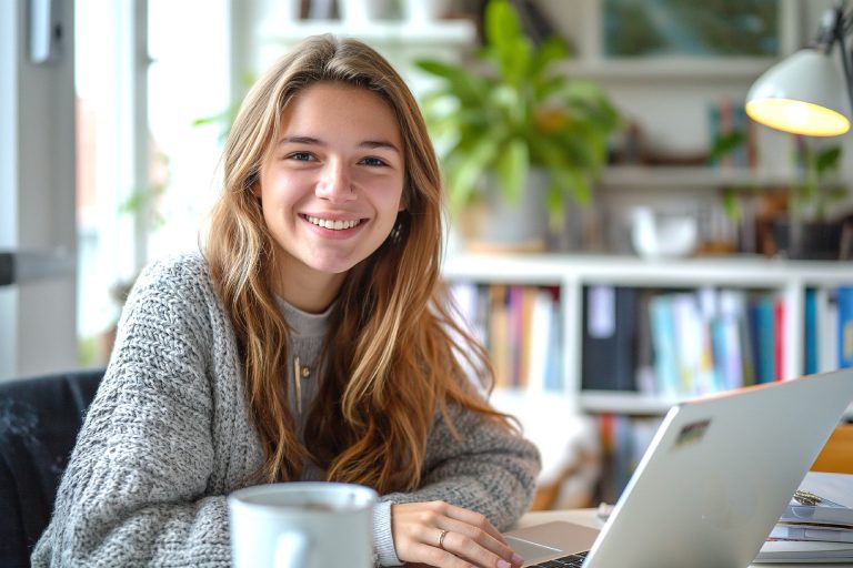 Uma mulher loira sorrindo aprendendo alguma coisa pela internet. Ela sabe que aprender português brasileiro online é muito mais fácil