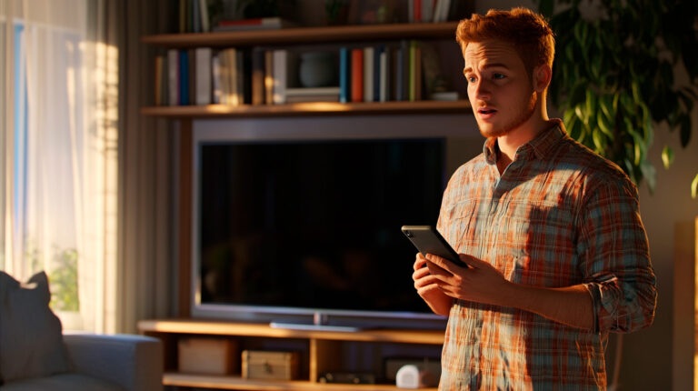 Homem tentando consertar a TV com um problema