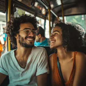 Um clima descontraído entre um homem e uma mulher muito sorridentes, exemplificando bem a característica brasileira de conhecer pessoas.