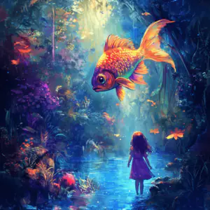Uma menina em uma floresta encantada com um peixe mágico voando perto de um rio com águas azuis e brilhantes. As cores vibrantes trazem a ideia de um lugar mágico